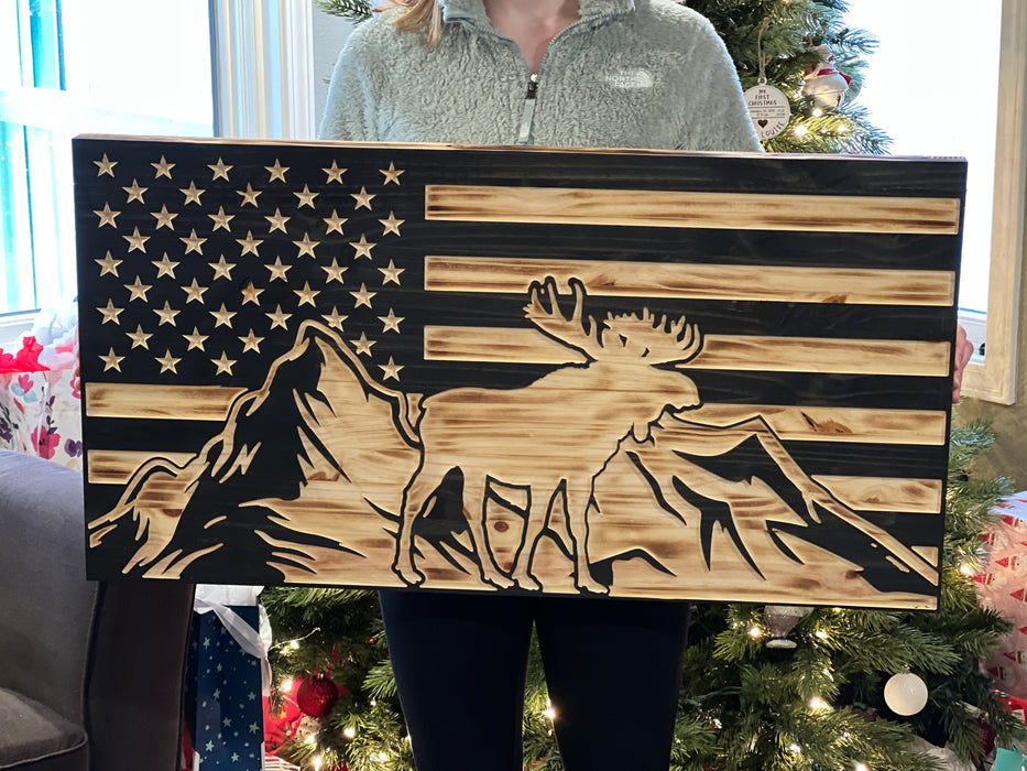 Handcrafted Moose with Mountains American Flag