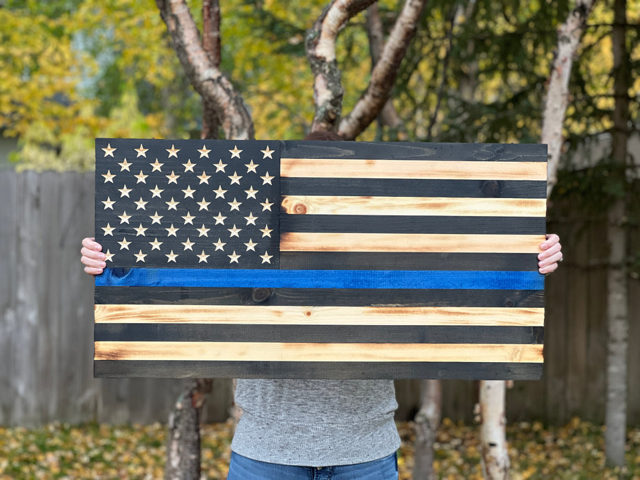 Blue Line Rustic Wood Flag