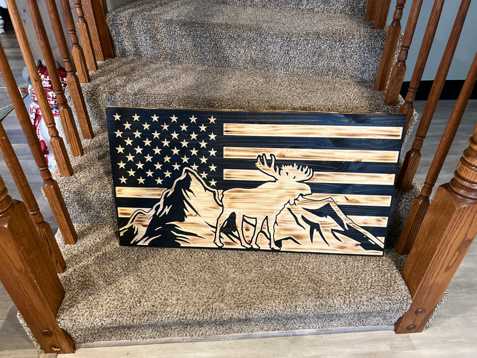 Handcrafted Moose with Mountains American Flag