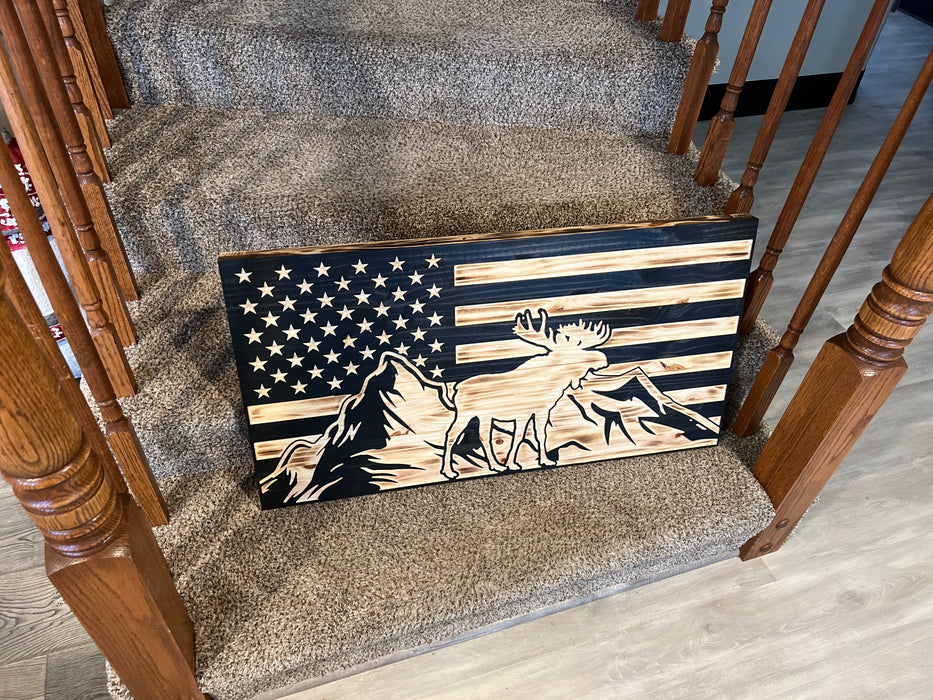 Handcrafted Moose with Mountains American Flag