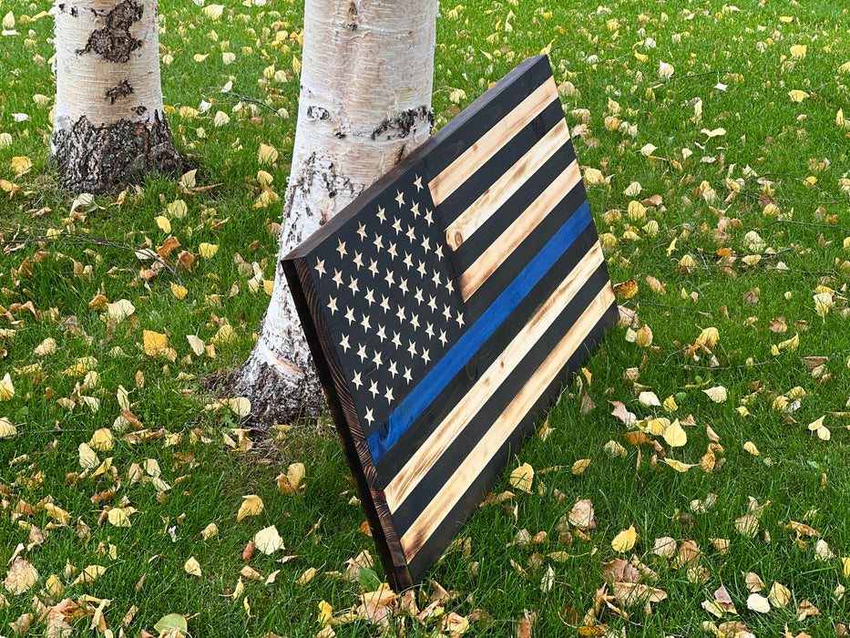 Blue Line Rustic Wood Flag